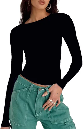 Vista 21 de Blusa corta básica casual para mujer, ajustada, manga larga, cuello redondo, color sólido, para otoño, camiseta ajustada Albaricoque