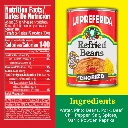 Vista 2 de La Preferida Frijoles refritos, chorizo, 16 oz (paquete de 3)