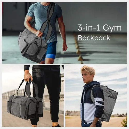 Vista 2 de Bolsa de gimnasio para hombre con compartimento para zapatos y bolsillo húmedo, bolsa de lona convertible y mochila de gimnasio, bolsas deportivas