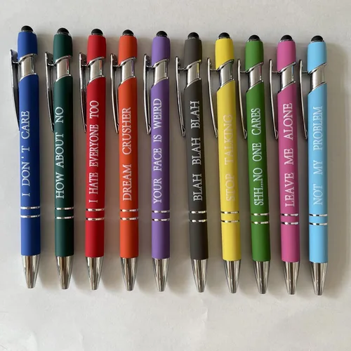 Vista 5 de Jxueych 10 bolígrafos motivacionales con citas sarcásticas, regalos de oficina, 2 en 1, elegante lápiz capacitivo de metal para pantallas táctiles