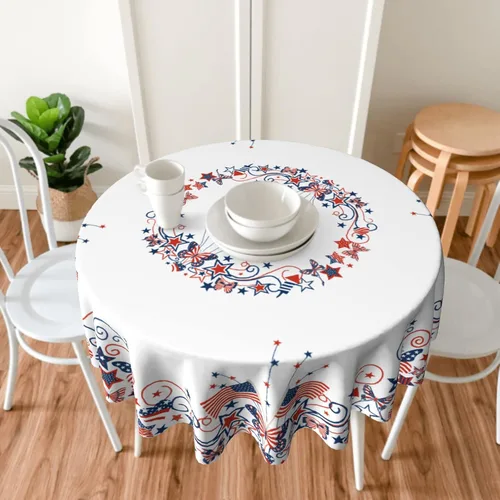 Vista 2 de Giwawa Mantel de Mesa Redondo con Bandera de EE. UU., Mantel Americano con Estrellas, Mariposas, Círculo, 152 cm. Mantel del 4 de julio, Día