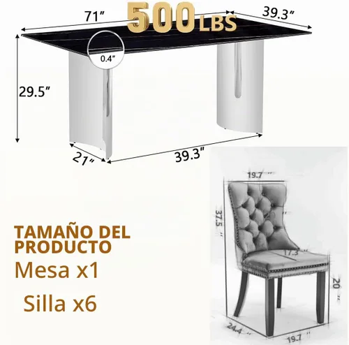 Vista 3 de Juego de mesa de comedor moderno para mesa de comedor de cristal de 6, 7 piezas, mesa de mármol sintético de 71 pulgadas con base de acero