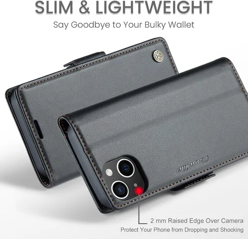 Vista 4 de SINIANL - Funda tipo cartera para iPhone 15 con bloqueo RFID, color negro Magnetic Clasp Leather Book Folio, Shockproof Protective Card Holder