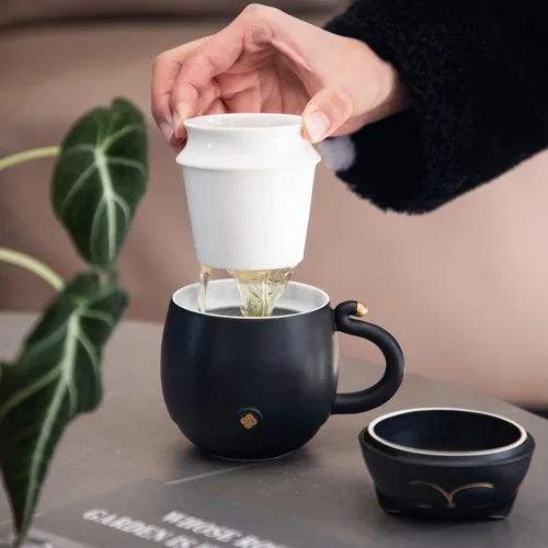 Vista 4 de HEER Taza de té para gatos con infusor y tapa, taza de té de cerámica de hojas sueltas de 10 onzas, regalo para amantes de los gatos para amigos