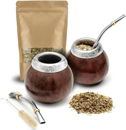 Vista 6 de BALIBETOV Set de Yerba Mate - 2 Calabazas, 2 Bombillas, 1 Cepillo de Limpieza, 100gr Hojas Sueltas - Marrón Oscuro