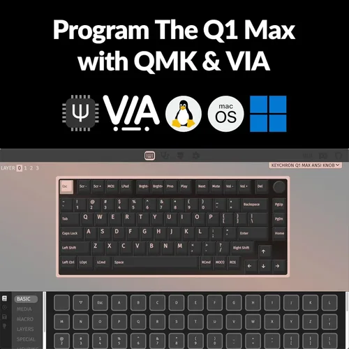 Vista 3 de Keychron Q1 Max RGB QMKVIA Teclado mecánico personalizado, perilla programable de metal completo intercambiable en caliente con interruptor rojo