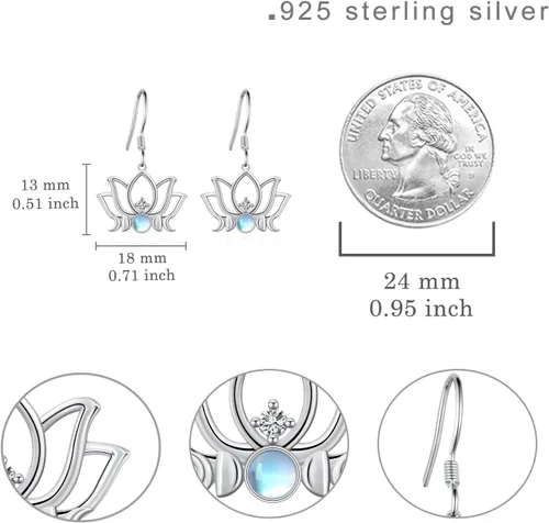 Vista 4 de SVODEA Aretes de loto de plata de ley 925 con piedra lunar y flor de loto, aretes colgantes para yoga, joyería de loto, regalos para mujeres