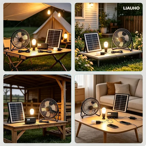 Vista 6 de Kit de ventilador solar y lámpara, DC de 12 voltios para exteriores, kit de panel solar multiusos para exteriores, ventilador portátil con 3