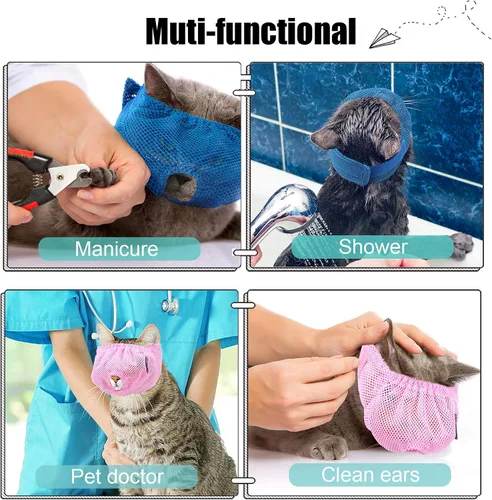 Vista 4 de Weewooday 3 bozales para gatos, bozales de malla transpirable, bolsas de retención para aseo de gatos con bozal antimordeduras antimaullido para Azul