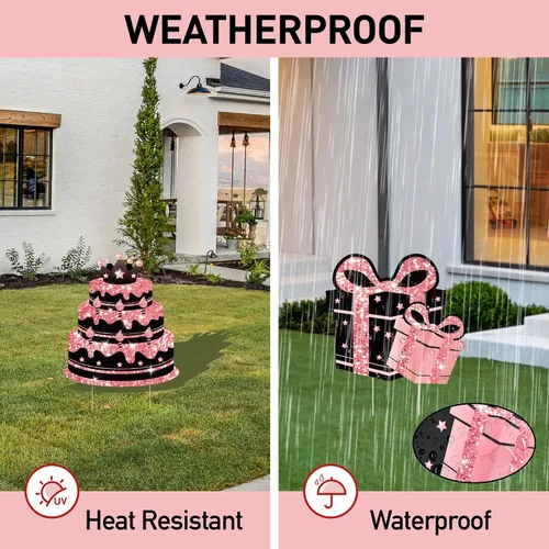 Vista 6 de Decoraciones de cumpleaños número 13 para niñas - 7 piezas de letreros de cumpleaños rosas para el patio con estacas, 2 piezas de luces LED Rosa 13