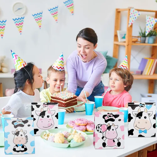 Vista 5 de Leinuosen Paquete de 24 bolsas de golosinas con estampado de vaca, bolsas de regalo de fiesta de vacas para niños, cajas de regalos con temática