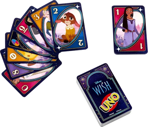 Vista 3 de Mattel Games UNO - Juego de cartas de deseos de Disney para niños, noche familiar y adultos con personajes de la película y regla especial, 2 a 10