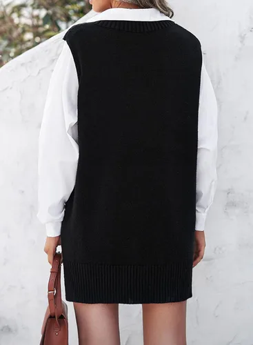 Vista 4 de EVALESS Chaleco Suéter de Gran Tamaño para Mujeres Cuello en V Sin Mangas Color Sólido Suéter Pullover Suelto