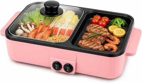 Vista 10 de Parrilla de olla caliente 2 en 1 Shabu Shabu eléctrica olla y plancha de doble temperatura, color negro