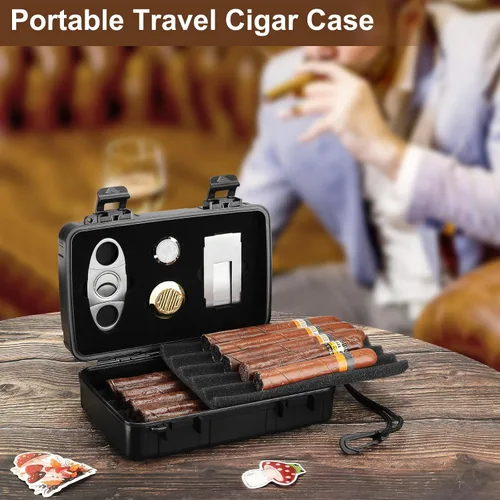 Vista 2 de Estuche para cigarros de viaje con capacidad para 10 puros, humidor de cigarros portátil incluye cortador de puros, humidificador, higrómetro, juego