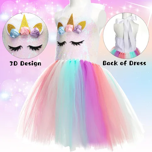 Vista 4 de Girls Unicorn Tutu Costumes Dress Light Up Unicorn LED Headband Princess Birthday Dress Up Clothes Girl Gift