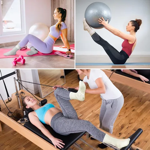 Vista 5 de Calcetines de entrenamiento de pilates para mujer, calcetines de yoga antideslizantes con agarre para barre hospital, calcetines pegajosos