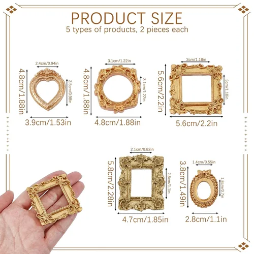 Vista 3 de NICENEEDED 10 PCS Mini Vintage Resin Picture Frame, Golden Photo Frames Antique Small Pictures Frame, Tiny Oval Rectangle Baroque Picture Frame for