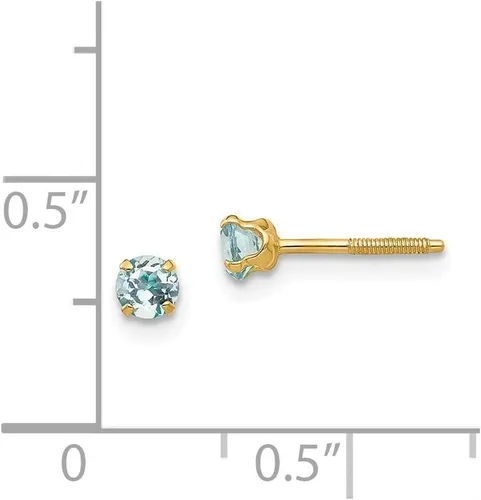 Vista 2 de Aretes de oro amarillo pulido de 14 quilates, 0.118 in, aguamarina para niños o niñas, medidas 0.157x0.157 in, Metal Gema, Aguamarina no conocido