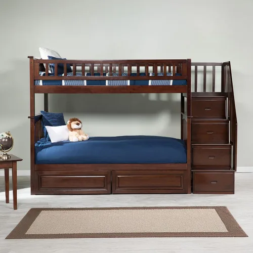 Vista 3 de Cama Atlantic Furniture tipo litera con escalera Columbia y cajones de cama en panel elevado, Madera, Nogal Antiguo