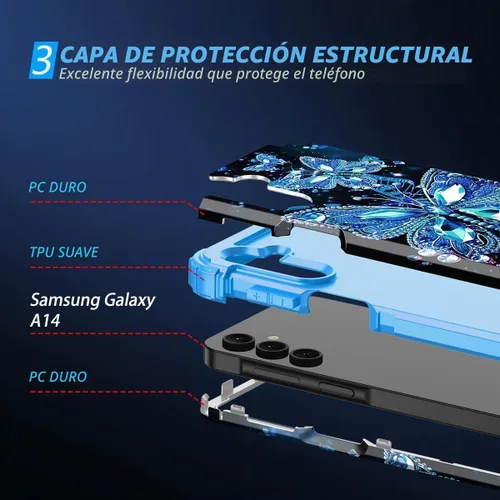 Vista 4 de Miqala Funda para Galaxy A14 5G, que brilla en la oscuridad, tres capas, resistente, a prueba de golpes, protección completa, parachoques de Azul