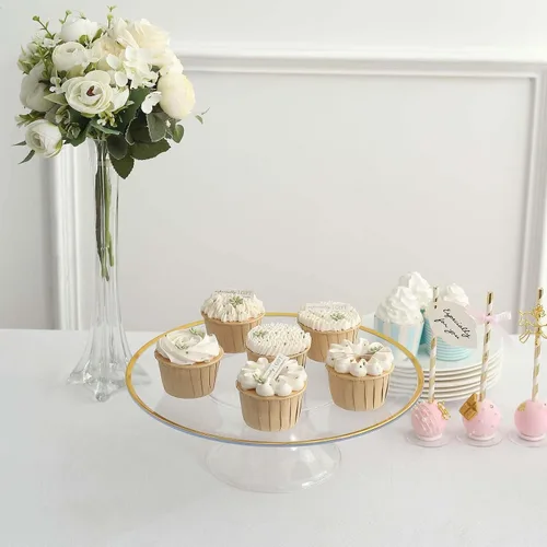 Vista 9 de Efavormart - Paquete de 2 elevadores de plástico transparente de 12 pulgadas con borde dorado para cupcakes y postres, soporte desechable para tartas