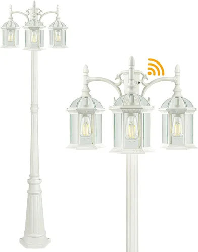 Vista 11 de Lámpara de poste de luz para exteriores del atardecer al amanecer con 3 bombillas LED, poste de luz de calle de aluminio de triple cabezal