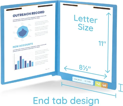 Vista 2 de Blue Summit Supplies 100 End Tab Fastener File Folders, Blue Reinforced End Tab, Letter Size, 11pt, 2 Prong Bonded Fasteners, for Medical Files