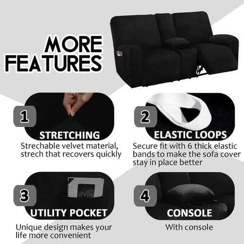 Vista 4 de ULTICOR Funda para Sofá de Dos Plazas Reclinable con Consola del Medio, Fundas de Sofá Reclinable de Terciopelo Elástico de 8 Piezas, Gruesas, Negro
