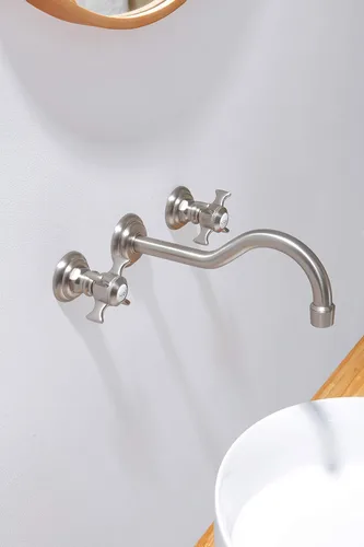 Vista 2 de SITGES Grifo de pared, grifo de pared de lavabo de baño de dos manijas con válvula áspera incluida, níquel cepillado