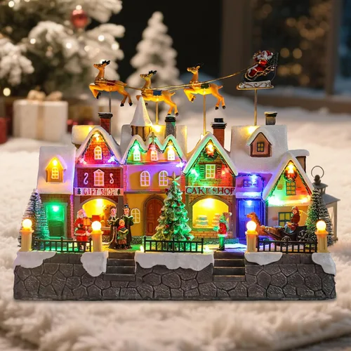 Vista 10 de WONDER GARDEN Casas de Pueblo de Navidad, Casa de Jengibre Iluminada Musicalmente con Edificios Navideños Coleccionables y Tren en Movimiento