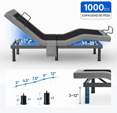 Vista 8 de Base de cama ajustable individual XL con masaje, base de cama eléctrica con patas ajustables, puertos USB, control remoto inalámbrico, gravedad cero