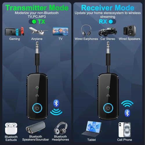 Vista 2 de Transmisor Receptor Bluetooth 5.4 Premium Pro, adaptador de audio de avión, transmisor inalámbrico para TV/vuelo de viaje, aerolínea, gimnasio. Negro
