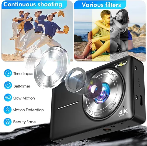 Vista 6 de Cámara digital 4K, cámara de videoblogs de 64 megapíxeles con enfoque automático y lente dual, zoom digital 16X, cámara compacta de YouTube