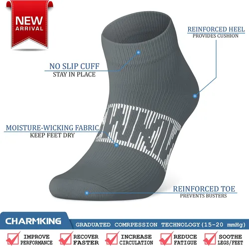 Vista 5 de CHARMKING Calcetines de compresión para mujeres y hombres, 6 pares de calcetines atléticos de tobillo de 15-20 mmHg, ideales para entrenamiento