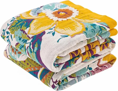 Vista 29 de Manta bohemia de muselina de algodón tejida con flores decorativas de 50 x A-verde
