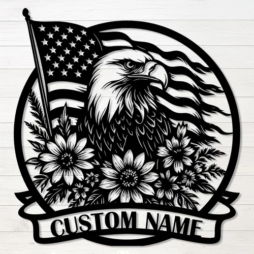 Vista 9 de Letrero de metal personalizado de águila y bandera estadounidense, arte de pared patriótico con nombre personalizado, decoración de hierro