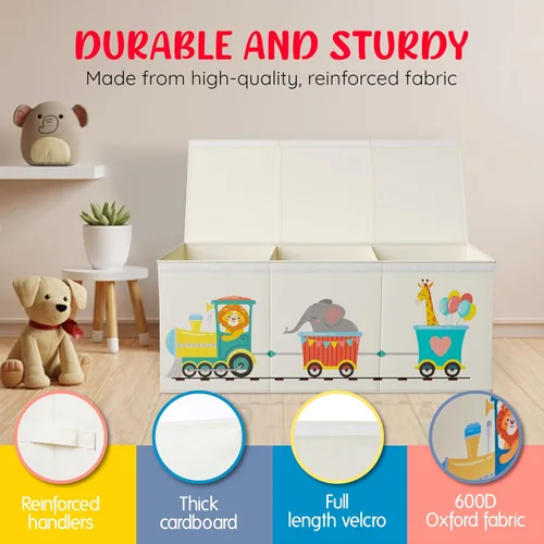 Vista 4 de Organizador de almacenamiento de juguetes plegable extra grande con tapas, caja de juguetes de tren de animales para niños y niñas, 40 x 16 x 16