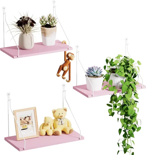 Vista 9 de QsQueen Eleva tu espacio con el juego de 3 estantes flotantes de madera rústica, perfectos para dormitorio, sala de estar, baño y decoración