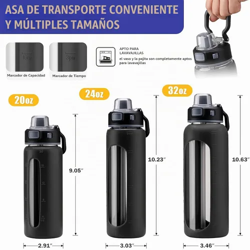 Vista 2 de Kodrine - Botella de agua de vidrio de 20 onzas con popote y 2 tapas para fácil transporte, con asa, funda de silicona y marcador de tiempo, botella