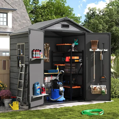 Vista 19 de Amopatio Cobertizo de almacenamiento para exteriores con piso, cobertizo de plástico con cerradura de 5 x 3 pies con ventilación, cobertizos