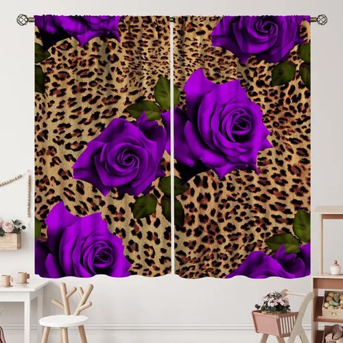 Vista 9 de Cortinas de leopardo con estampado de flores de guepardo y rosas de África, con bolsillo para cortinero, para dormitorio, sala de estar, decoración