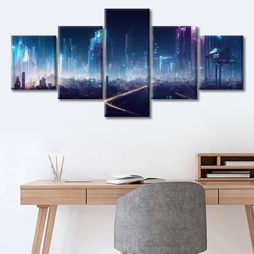 Vista 334 de Cuadros de 5 paneles de Cyberpunk City, arte de pared, representación de vallas publicitarias, edificios modernos en la capital con obras de arte