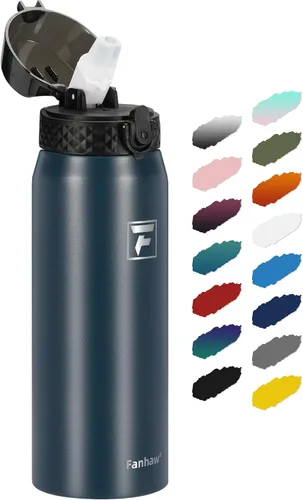 Vista 30 de Fanhaw Botella de agua de acero inoxidable aislada para niños de 20 onzas con tapa con popote, a prueba de fugas y antipolvo, botella de uso diario