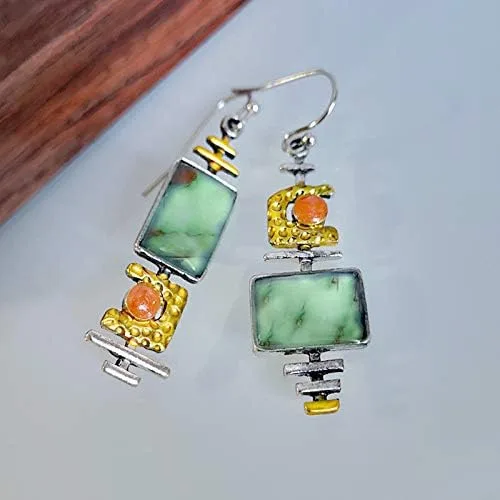 Vista 4 de Pendientes de turquesa geométricos y bohemios hechos a mano, ligeros, lágrima, Tauren, largos aretes colgantes de gota para mujeres y niñas