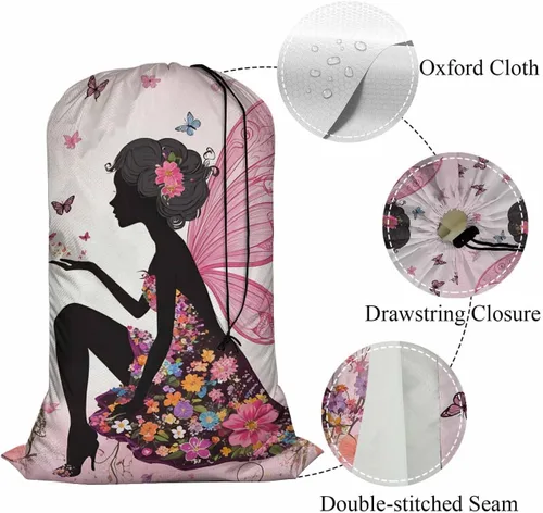 Vista 4 de Swono Bolsa de lavandería extra resistente, diseño de hada de mariposa, diseño de flores de caricaturas, extra resistente, bolsa de ropa sucia