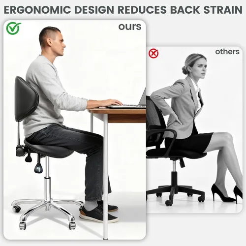 Vista 4 de FreSup Taburete de silla con soporte para el respaldo, silla ergonómica con ruedas, taburete giratorio de alta resistencia, silla con ruedas