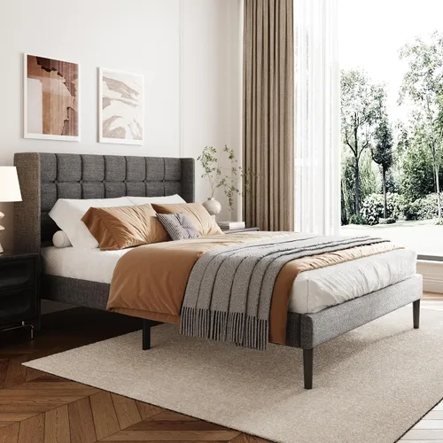 Vista 8 de Base de cama tamaño matrimonial con cabecera con respaldo de ala, base de cama tapizada de lino con cabecera capitoné con botones, soporte