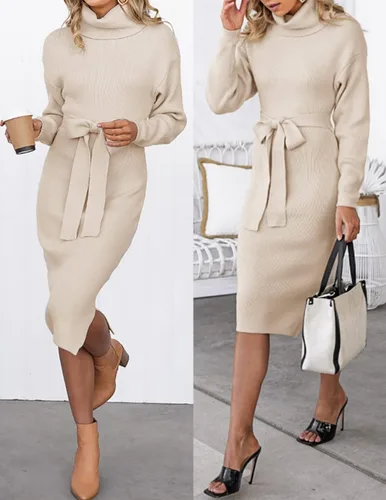 Vista 19 de ZESICA - Vestido por debajo de la rodilla de suéter, de cuello alto, para mujer, de manga larga, de punto acanalado, con abertura y cinturón