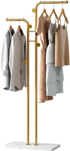 Vista 8 de HOMEFORT Perchero de Abrigos, Percheros de Metal Independientes, Soporte de Ropa y Sombreros de Doble Poste con 5 Ganchos para Closet, Dormitorio